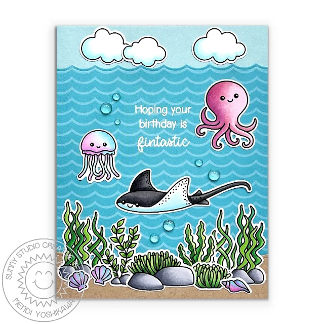 Sunny Studio Punny Birthday Card (using Fintastic Friends, Ocean View & Best Fishes Stamps, Summer Splash Paper, Slimline Nature Border Dies)