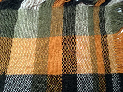 The corner of a piece of plain-woven plaid cloth, in white, light and dark green, and marigold, with vertical strips that varrow from left to right. The cloth is fringed at the edges in colors that match the color of the stripe that abuts the edge.