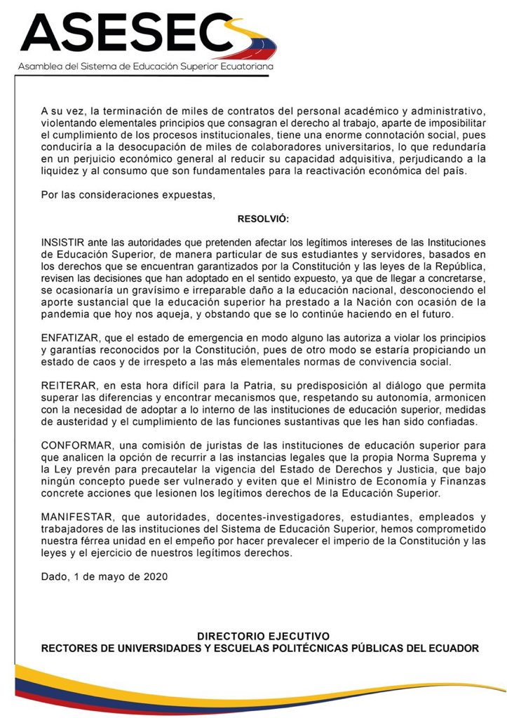 cierre de universidades públicas en ecuador 2020 mayo junio