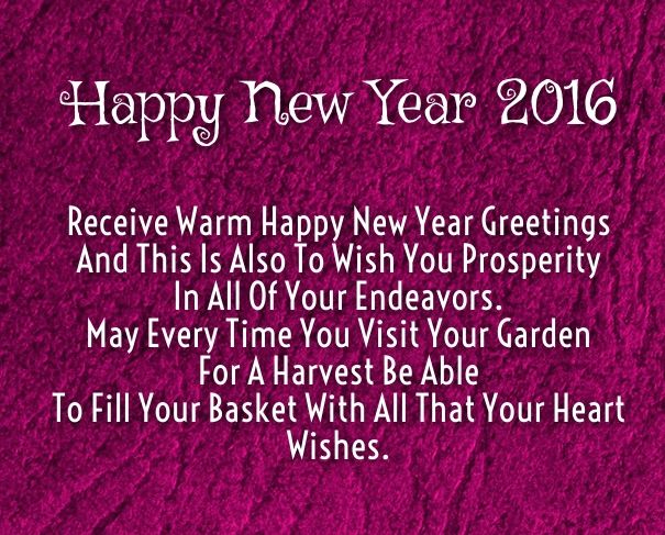 Happy New Year 2016, Receive warm happy new year greetings and  this is also to wish you prosperity in all of your Endeavors. May Every time you visit your garden for a harvest be able to fill your basket with all that your heart wishes. Wonderful wish