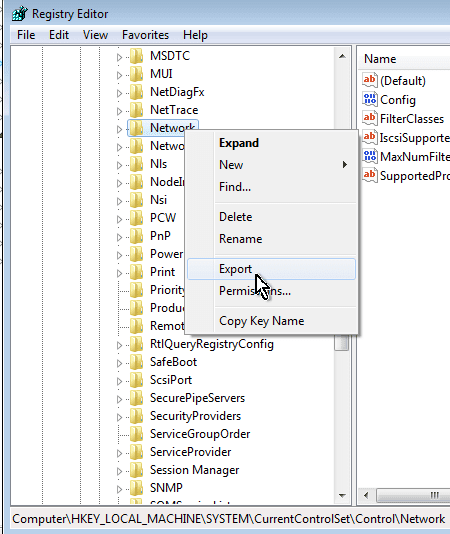 Networkという名前のキーを右クリックして、「エクスポート」を選択します。