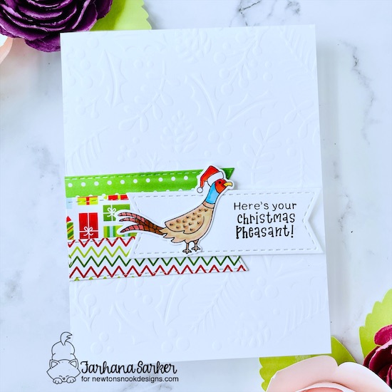 Pheasant Christmas Card by Farhana Sarker | Christmas Pheasant Stamp Set, Holiday Foliage Stencil and Frames & Flags Die Set by Newton's Nook Designs