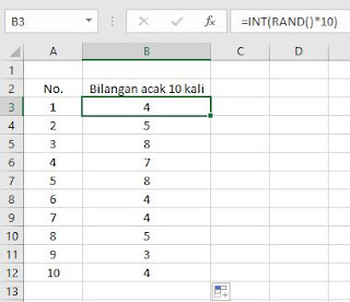 generate bilangan acak dengan excel (=rand()) rentang 10