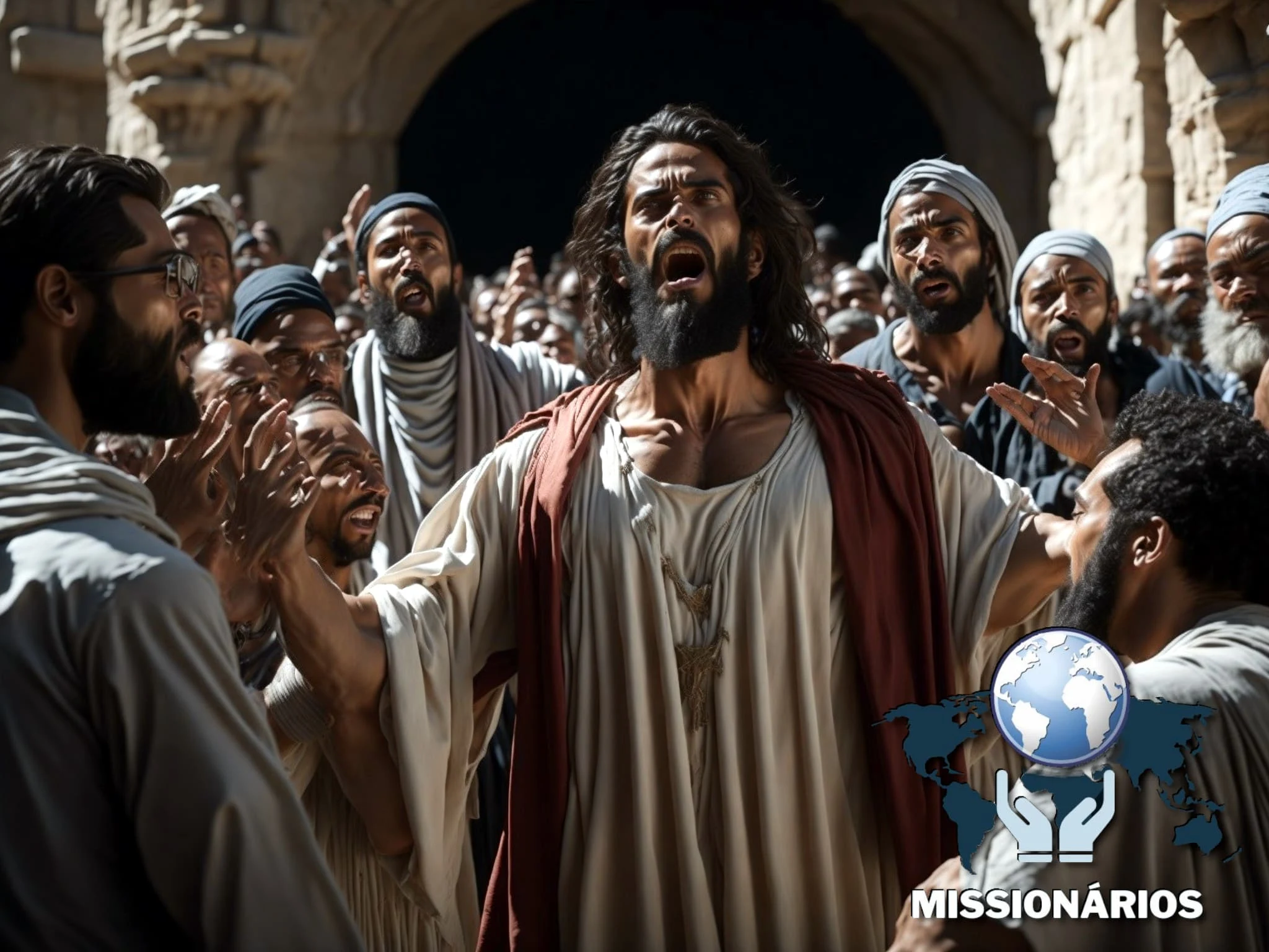 A imagem mostra uma representação foto realista de jesus cristo gritando aos céus, rodeado por uma multidão após a sua ressureição.