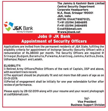 JK Bank Security Officer Recruitment 2019