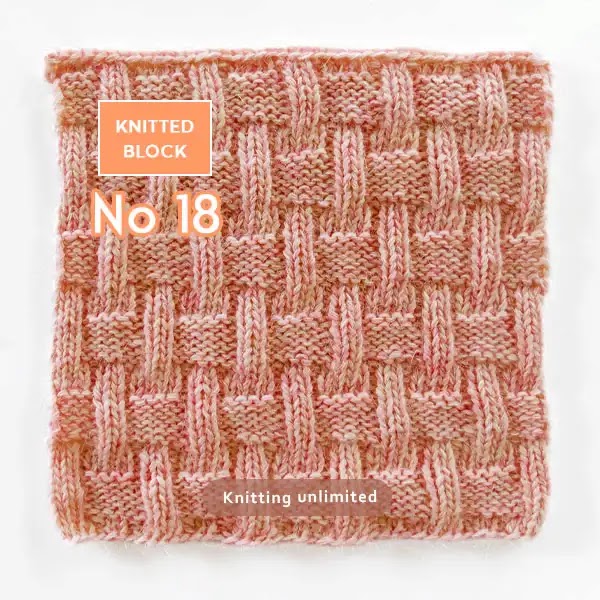 Basket weave Pattern. Knitted square pattern no 18. To knit the basket weave stitch pattern, you will need to alternate between knit and purl stitches.