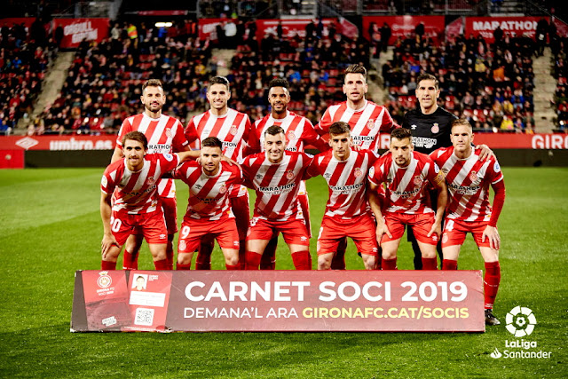 GIRONA F. C. Temporada 2018-19. Christian Stuani, Juanpe, Jonás Ramalho, Pedro Alcalá y Gorka Iraizoz; Marc Muniesa, Portu, Borja García, Pere Pons, Álex Granell y Raúl García Carnero. GIRONA F. C. 1 ATHLETIC CLUB DE BILBAO 2. 29/03/2019. Campeonato de Liga de 1ª División, jornada 29. Girona, España, estadio municipal de Montilivi (10.652 espectadores). GOLES: 1-0: 37’, Christian Stuani. 1-1: 53’, Iñaki Williams. 1-2; 59’, Raúl García.