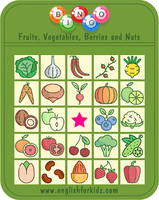 Fruits and vegetables bingo - printable cards