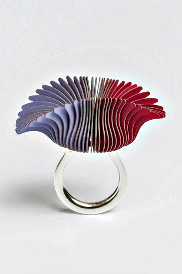 modern art purple and red layered paper on silver ring base