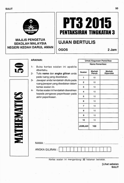 Soalan Percubaann Matematik PT3 2016 dan Jawapan (Kedah 