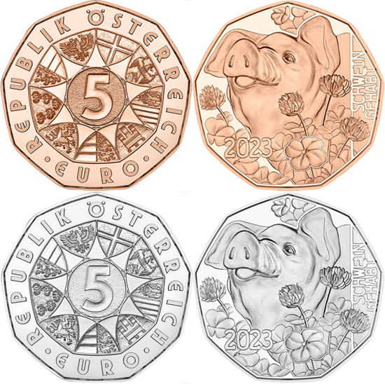 Austria 5 euro 2023 - New Year coin: The popular pig