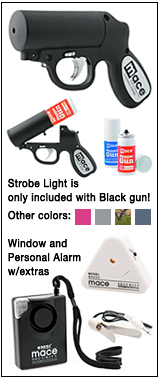 Personal and home protection with alarms and a Mace pepper spray gun with strobe light!