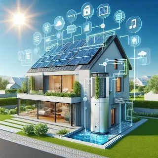 Modern eco-home with solar panels, battery storage, and heat pump.