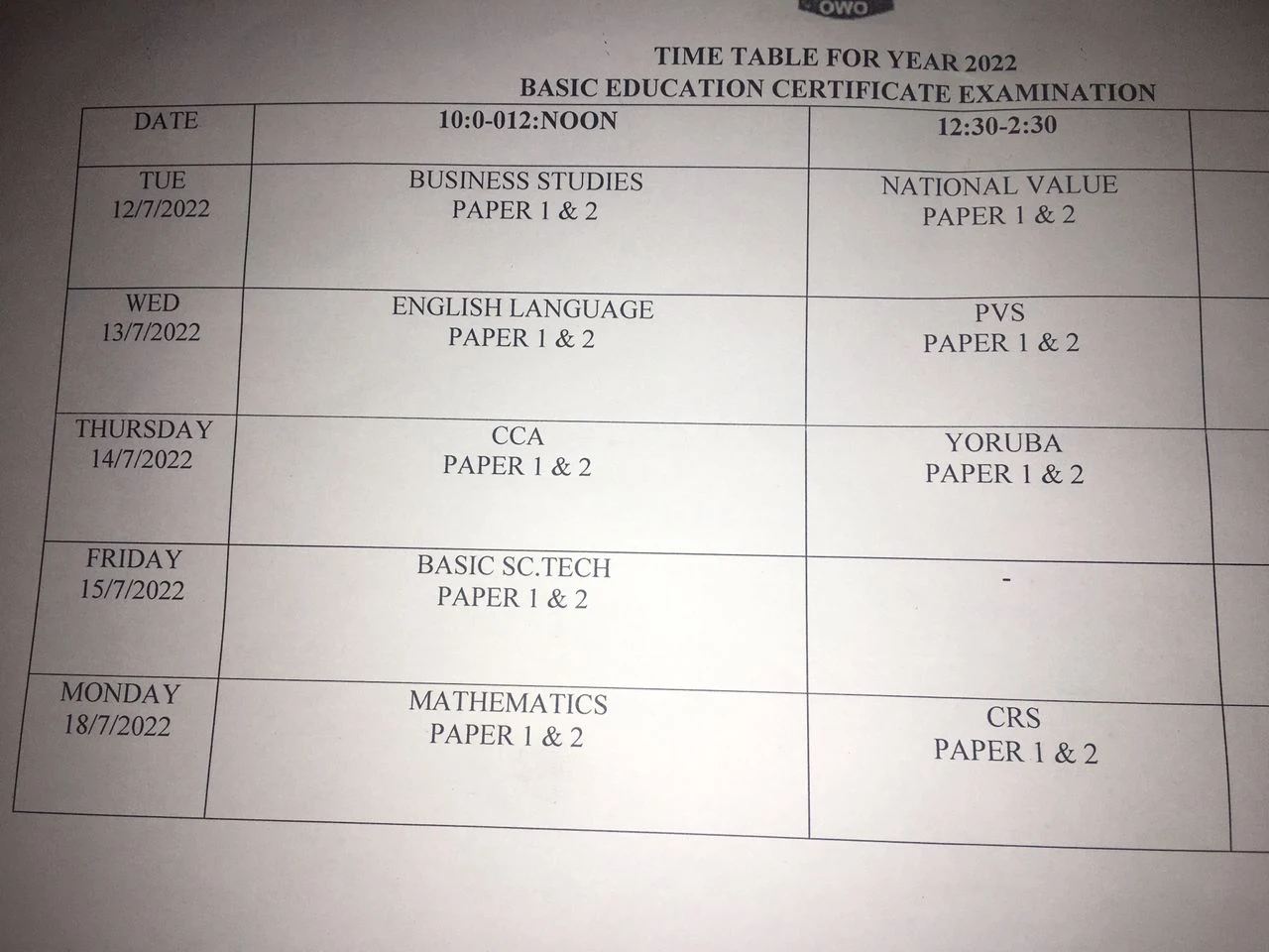 2022 Ondo State BECE Timetable [12th - 18th July] | JUNIOR WAEC