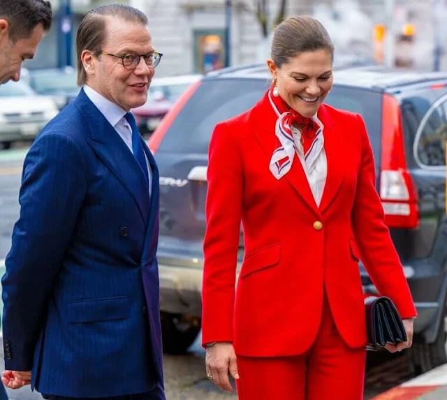 Crown Princess Victoria wore a Paris red suit by The Extreme Collection. Cravingfor earrings. By Malina Anya dress