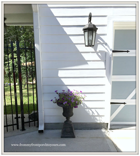 Garage Door Makeover-Detached Garage-Urn With Flowers-Farmhouse-From My Front Porch To Yours