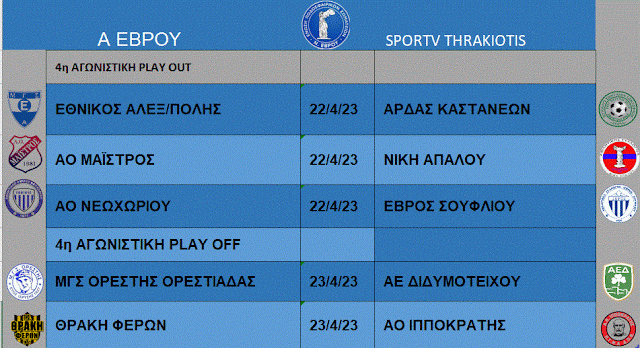 ΤΑ ΠΑΙΧΝΙΔΙΑ ΤΩΝ PLAY OFF& PLAY OUT Α ΕΒΡΟΥ ΣΑΒΒΑΤΟΚΥΡΙΑΚΟ 22/23/ΑΠΡΙΛΙΟΥ 2023