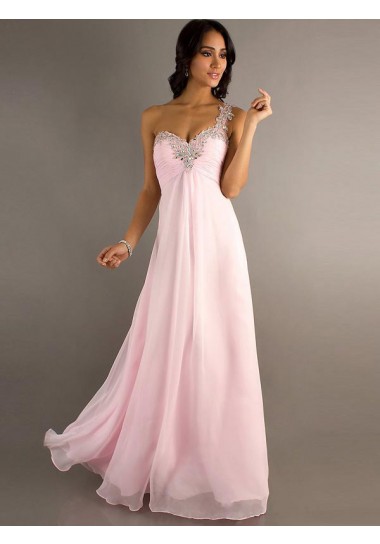 A-line One Shoulder Sleeveless Floor-length Chiffon Prom Dresses