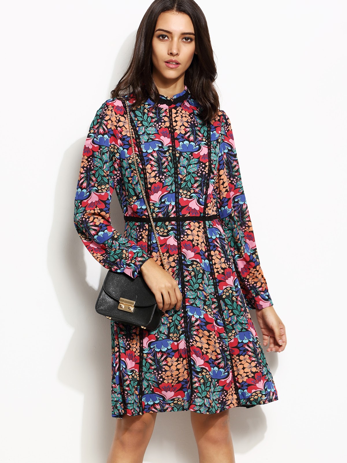  Multicolor Floral Print Lace Trim Long Sleeve Dress
