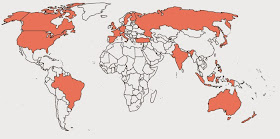 World map with countries listed below in color