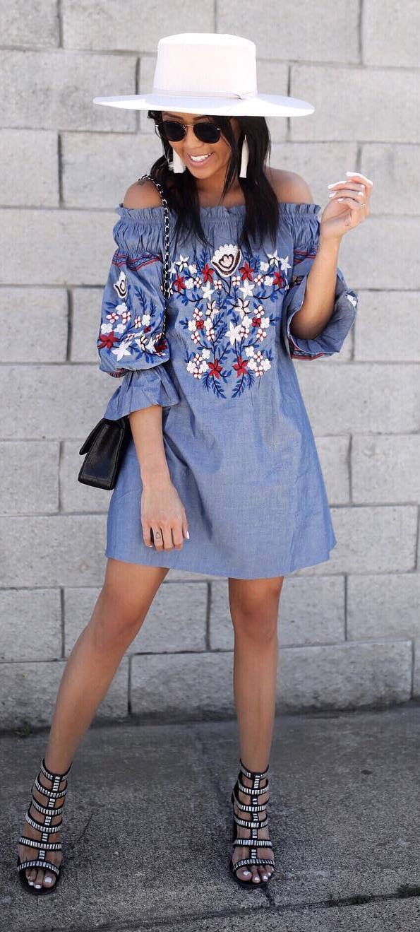 trendy summer outfit: hat + off shoulder dress + bag