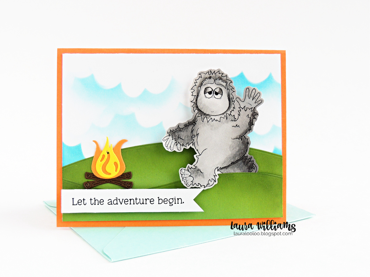 Let the adventure begin! Make a handmade card with stamps and die cutting, featuring Bigfoot with the Camping With Bigfoot clear stamp set from Impression Obsession.