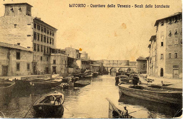 Old postcard, scali delle Barchette, Livorno