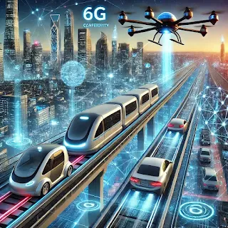 Alt Text: "A futuristic city interconnected through a 6G network, with autonomous vehicles, smart infrastructure, and holographic data streams enhancing urban life."