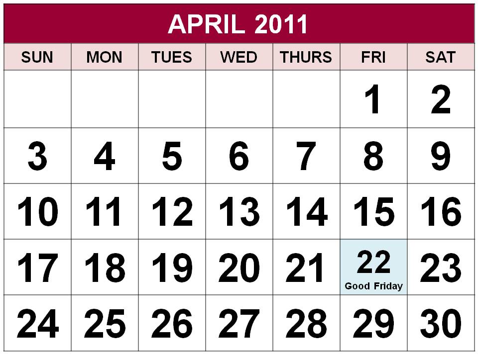 april 2011 calendar with holidays printable. printable april 2011 calendar