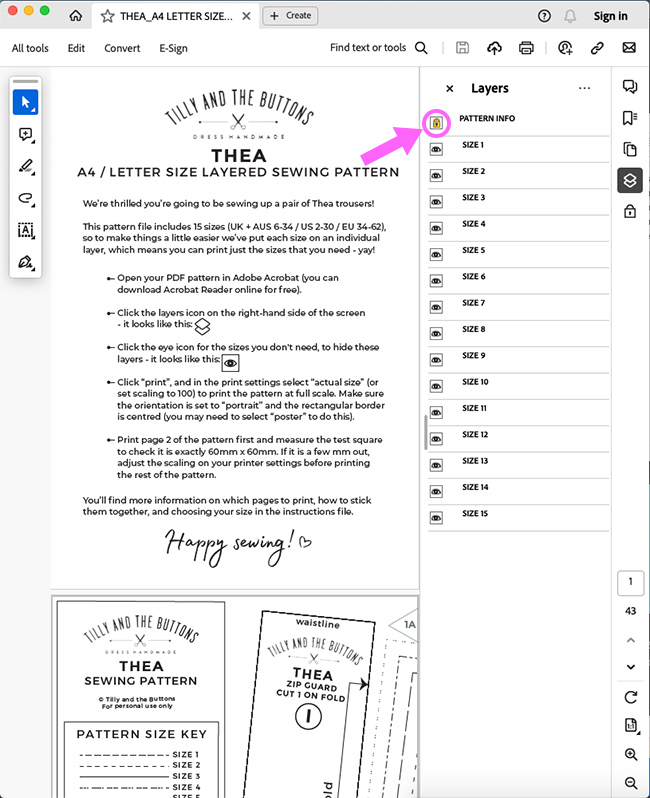 Screenshot of Adobe Acrobat Reader with the "padlock" icon on the right-hand side circled in pink, with a pink arrow pointing to it