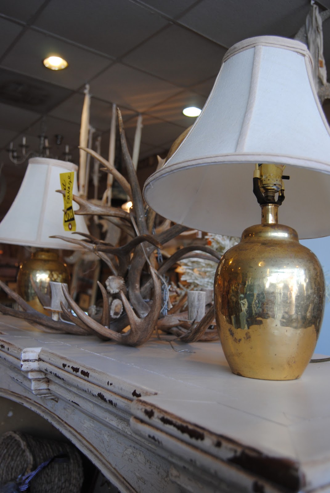 country bathroom vanity Antler Chandelier and Gold Aged Lamps