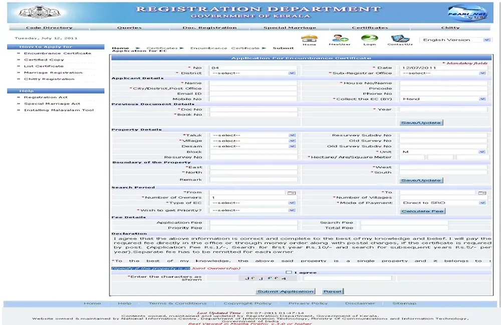 Application form for Encumbrance Certificate