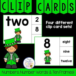 Number Clip Card Center for Numbers, Number Words & Ten Frames Leprechauns