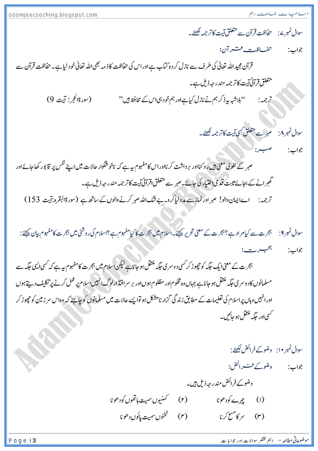 important-short-question-answers-islamiat-10th-