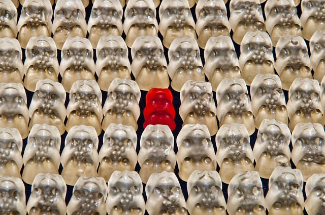 Red Gummy Bear in Center of Dozens of White Ones