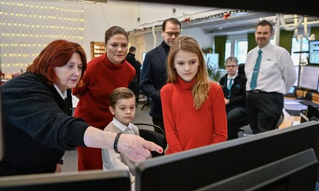 Crown Princess Victoria wore a red short sleeve turtle neck cashmere sweater and ribbed skirt by Soft Goat. Princess Estelle