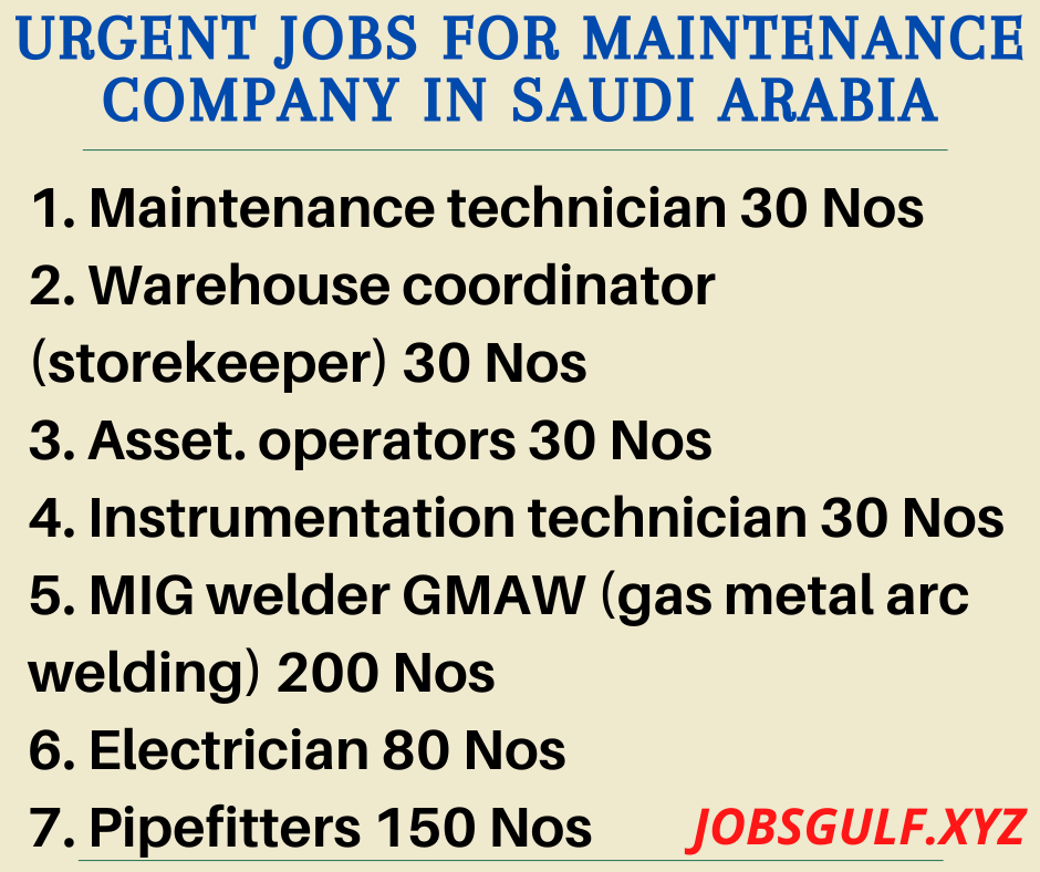 Urgent jobs for Maintenance Company in Saudi Arabia