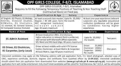 Government Jobs 2022 Islamabad OPF Girls College