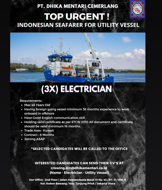 Loker Pelaut Kapal Utility Vessel Electrician Bulan Desember 2023