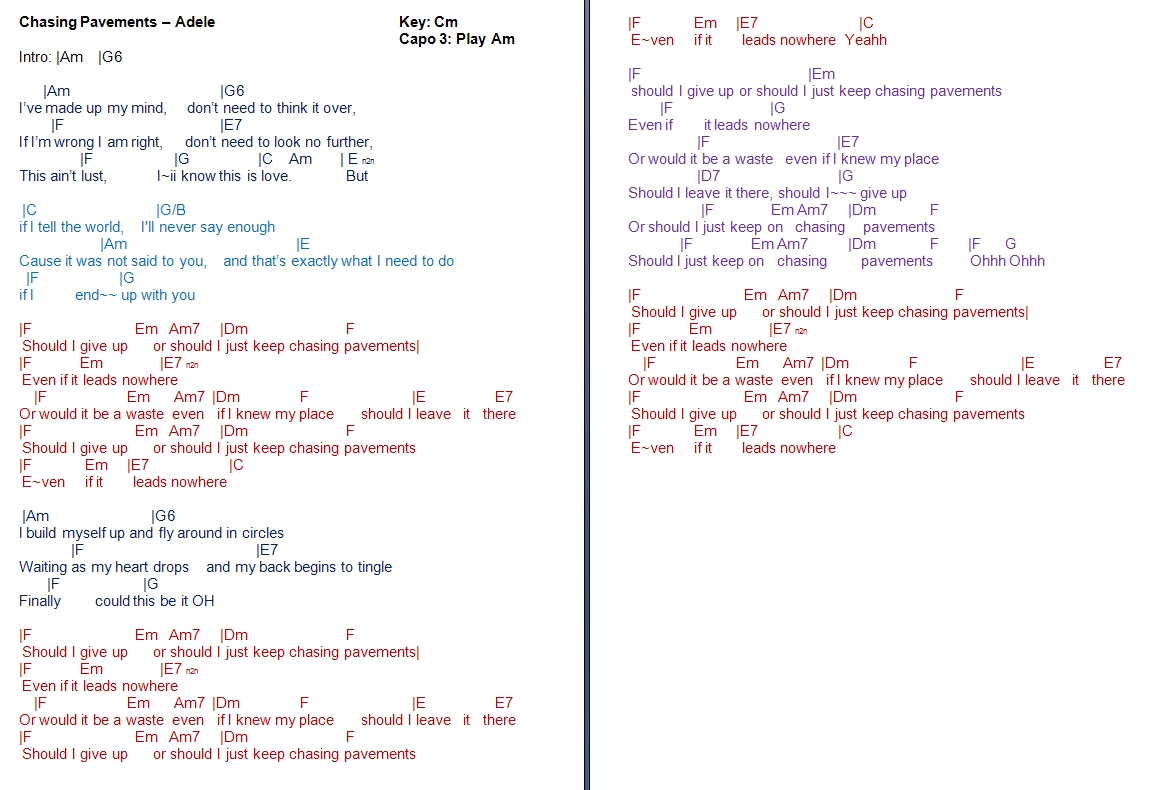 ... guitar chords Adele Chasing Pavements Sheet. Music, First Page of 4