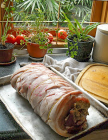 Food Lust People Love: Double Pork Stuffed Pork Roast is pork belly with crackling, stuffed with two pork tenderloins and sausage stuffing made with ground pork and Italian sausage.