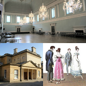 Top: The Ballroom, Assembly Rooms, Bath  Bottom left: Top left: Assembly Rooms, Bath;   Bottom right: Dancers from La Belle Assemblée (1820)