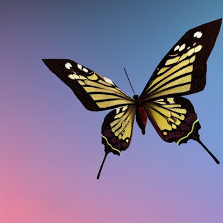 Beautiful Yellow Butterfly Flying pic on a blue and pink mix background.