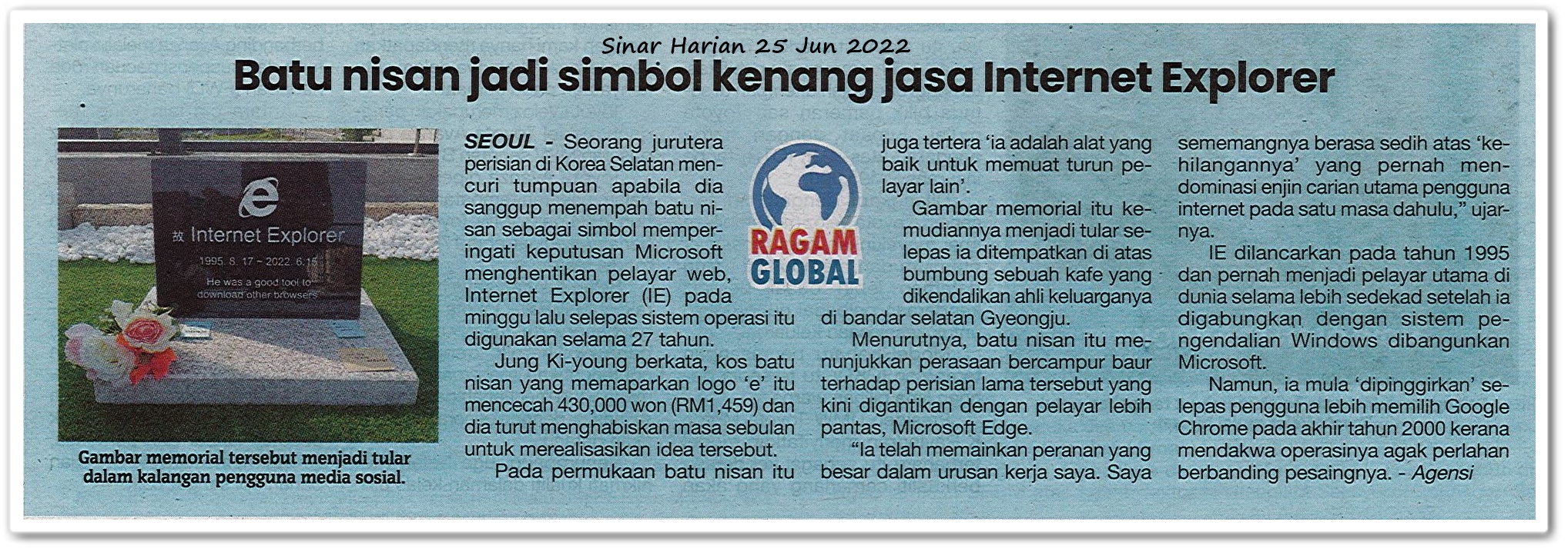 Batu nisan jadi simbol kenang jasa Internet Explorer - Keratan akhbar Sinar Harian 25 Jun 2022