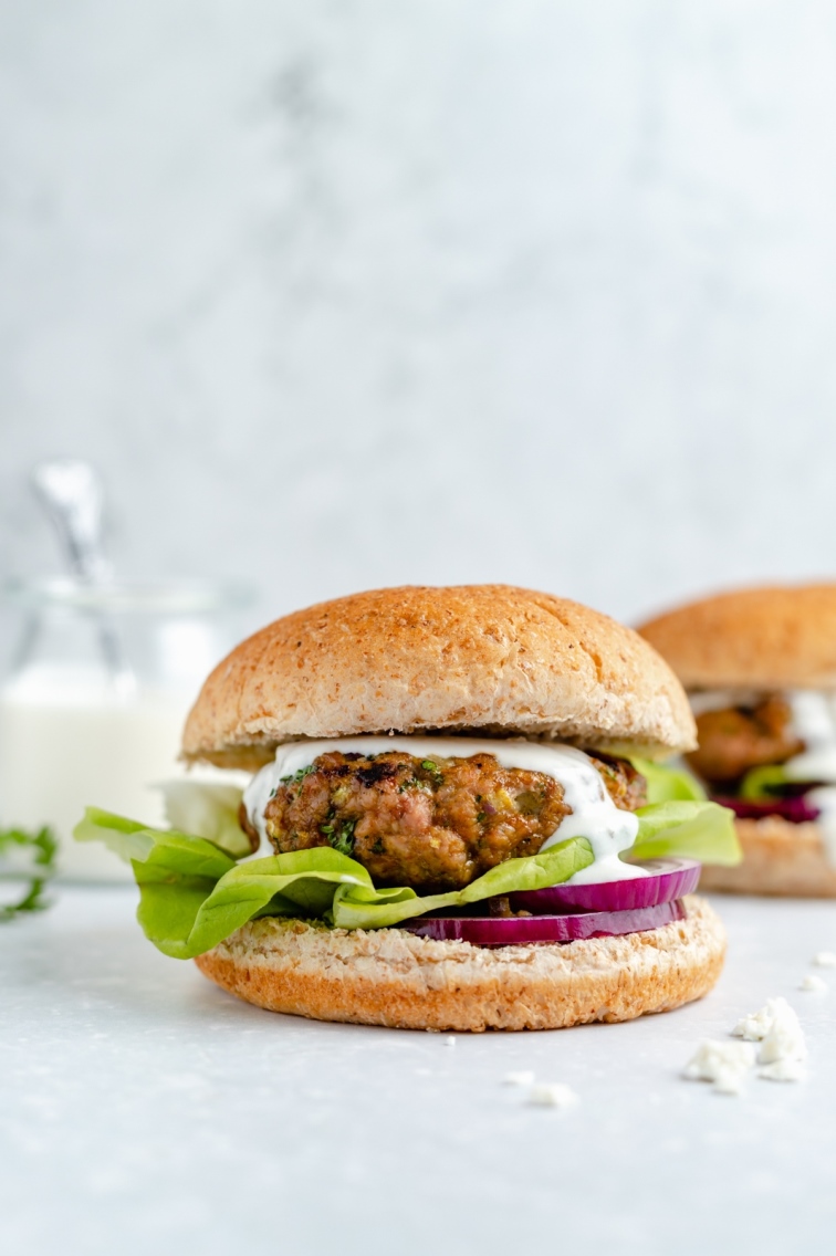 Moroccan-Spiced Turkey Burgers with Feta Sauce - Grill Recipes for Biblically Clean Meals (no pork or shellfish) | Land of Honey