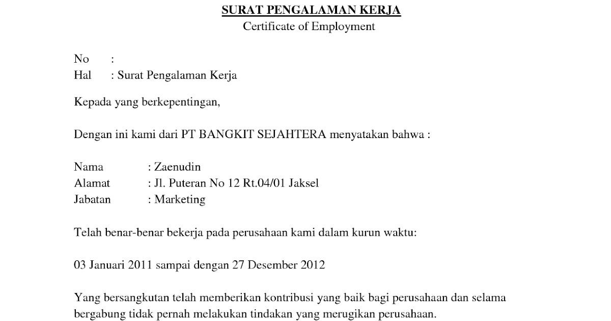 Contoh Surat Pengalaman Kerja - Paklaring - Referensi