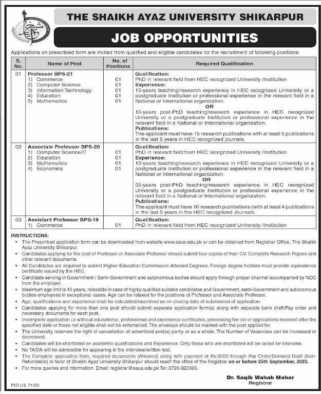 Shaikh Ayaz University Shikarpur Jobs 2023