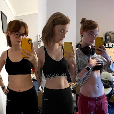 A progress picture of a girl in a crop top and workout leggings. The progress is from March 31 to May 29 2020. Left image is a slim girl with no muscular definition, middle image is of the same girl with a small amount of definition in her waist, and the image on the right is of the same girl again with a measurable amount of abdominal definition.