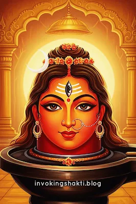 A sacred vertical painting of a red Shakti Lingam adorned with hibiscus, vermilion, and oil lamps in a serene temple setting.
