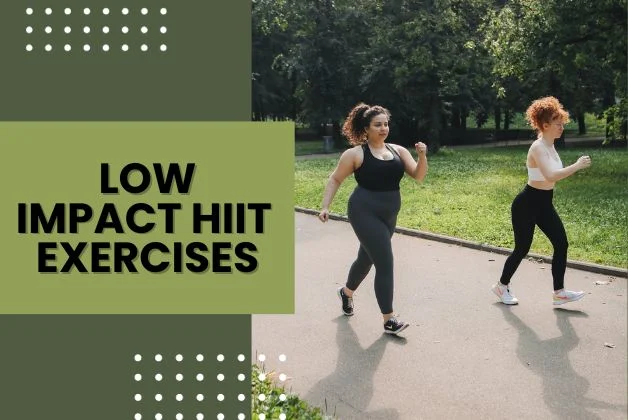 Low Impact HIIT Exercises: Two women walking with 'Low Impact HIIT Exercises' text overlay